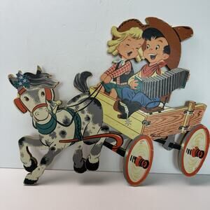 Vintage 14" WIDE 1952 Dolly Toy Co. Cowboy/Cowgirl In Donkey Cart Wall Hanger